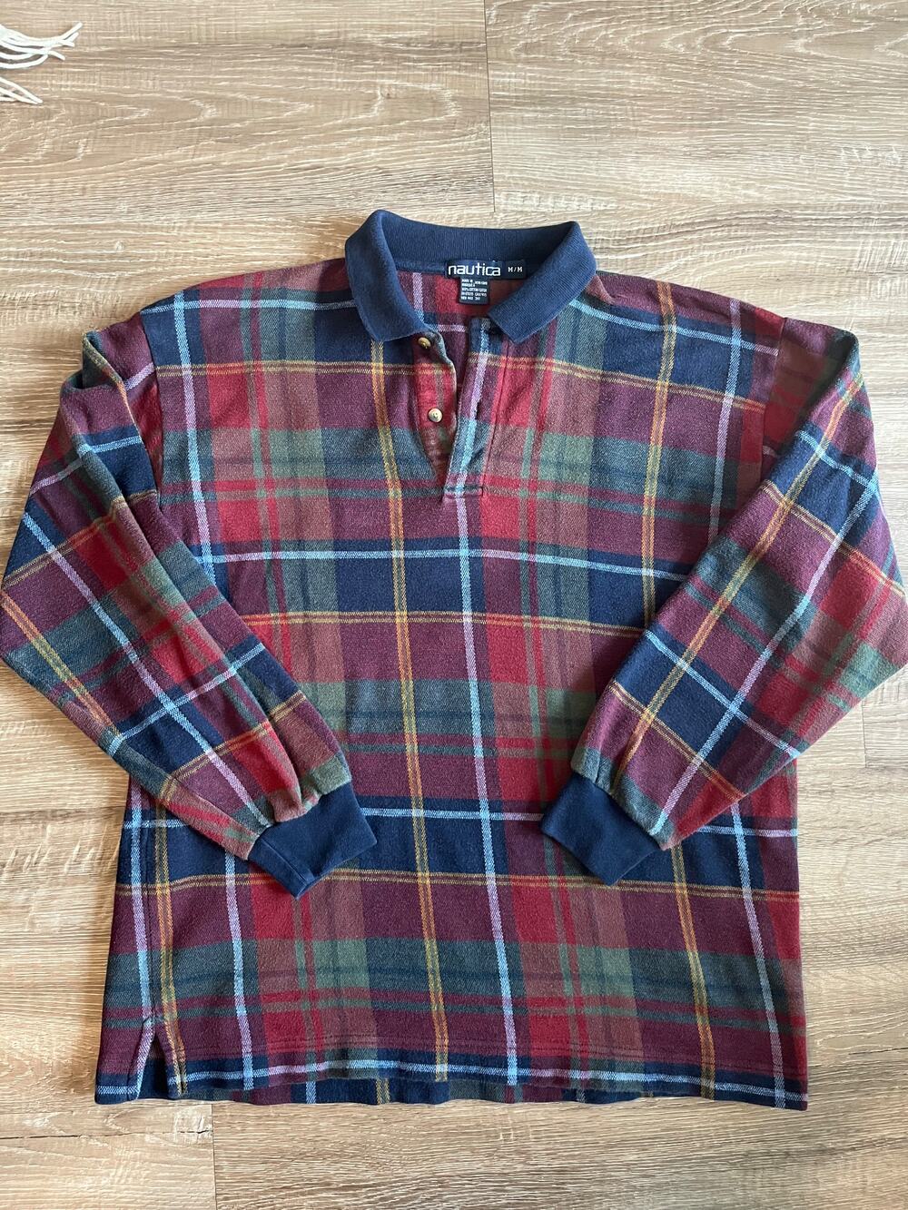 Nautica Men's Medium Long Sleeve Polo Shirt Blue Red Green Yellow Plaid 100% Cot